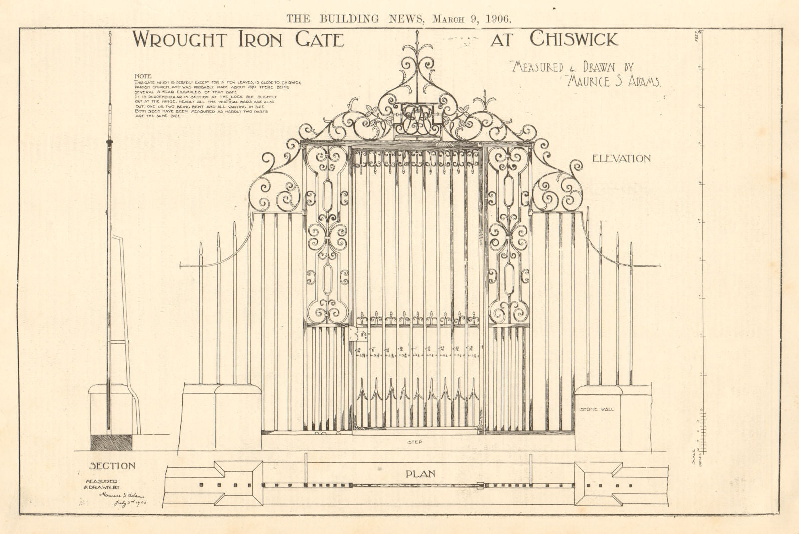 Wrought Iron Gate, Chiswick drawn by Maurice Adams. Sketch elevation plan 1 1906